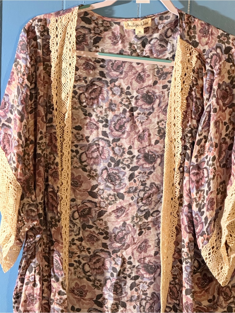 Indigo Rose Pink Floral Lace-Trim Open Cardigan